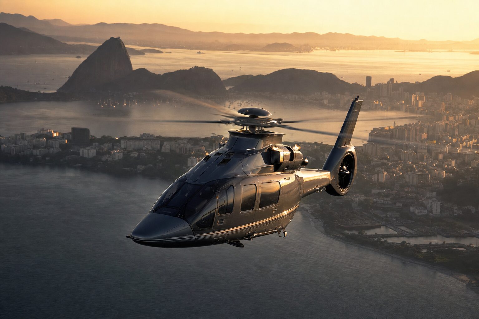 Executive helicopter in flight above a coastal city at golden hour