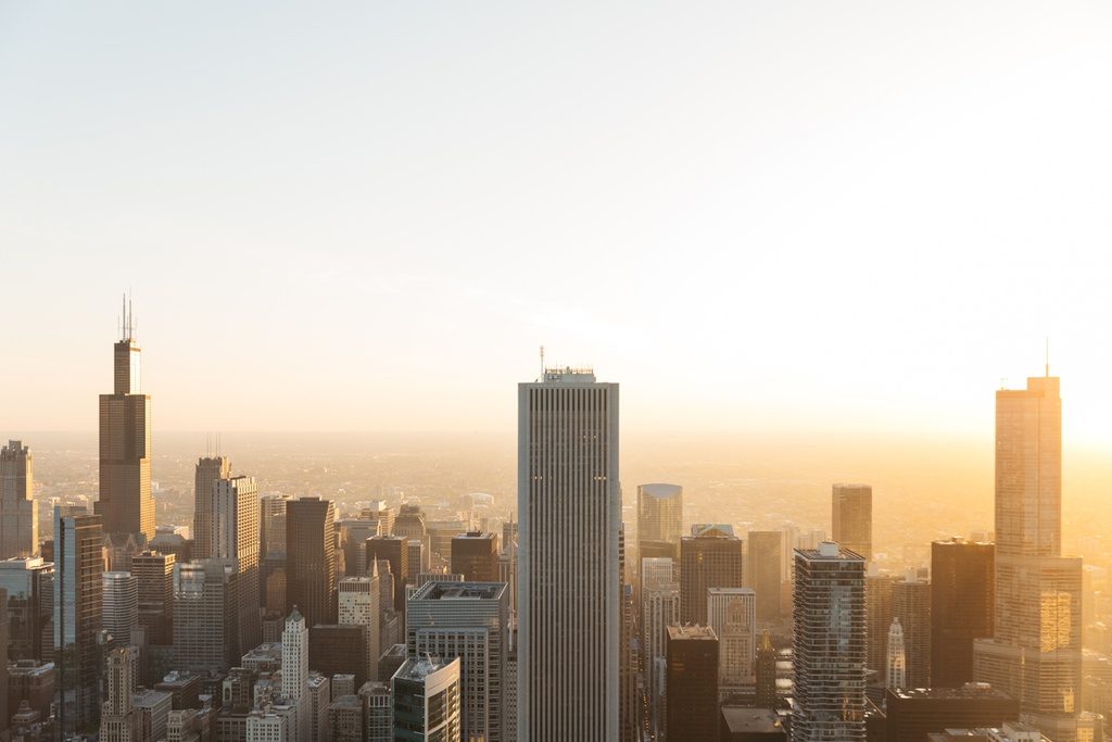 City skyline photographed at golden hour